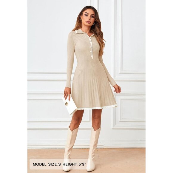 Merokeety Women's Apricot Long Sleeve V Neck Button Knit Pleated Sweater Dress - Picture 4 of 7